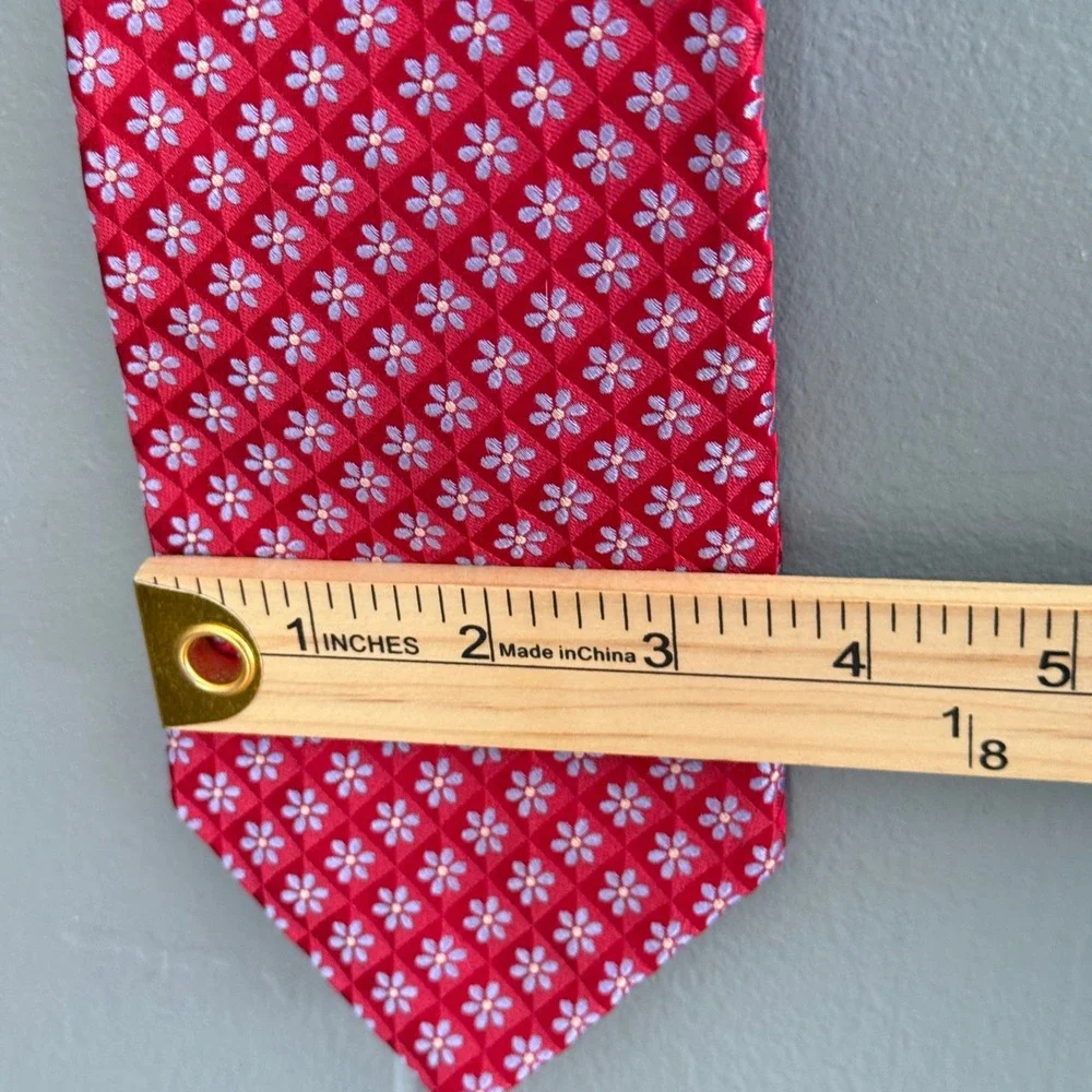 Ike Behar Silk Necktie Red Blue Ditsy Floral Jacquard Preppy Ivy League Made USA
